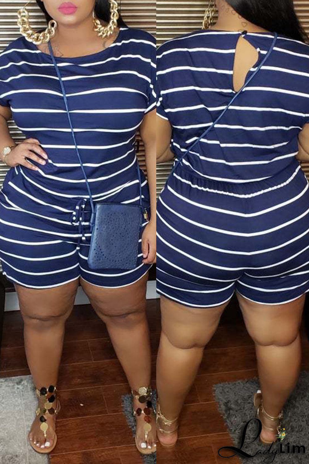 Blue Fashion Casual Striped Print Basic O Neck Plus Size Jumpsuits