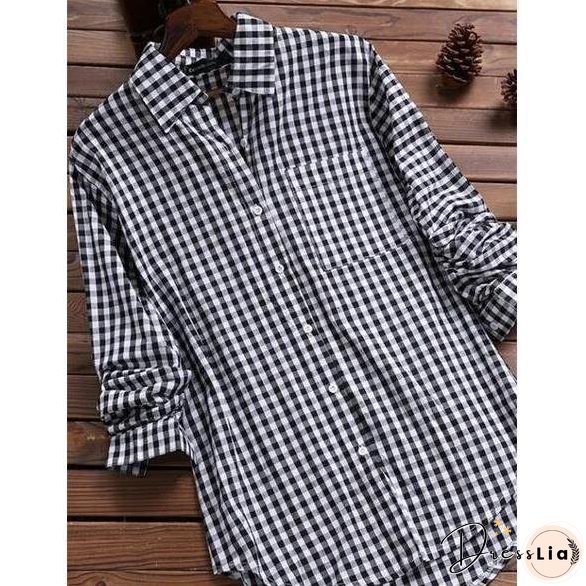 Women's Cotton Plaid Lapel Long-sleeved Retro Shirt Blouses
