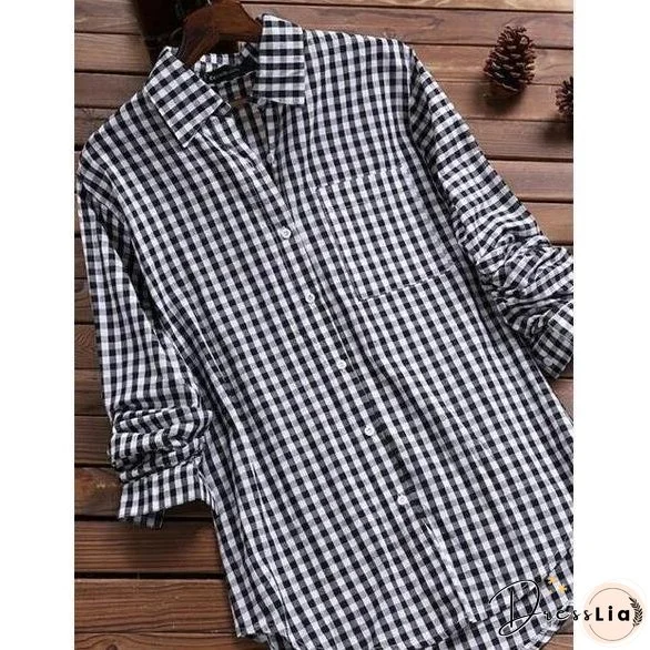 Women's Cotton Plaid Lapel Long-sleeved Retro Shirt Blouses