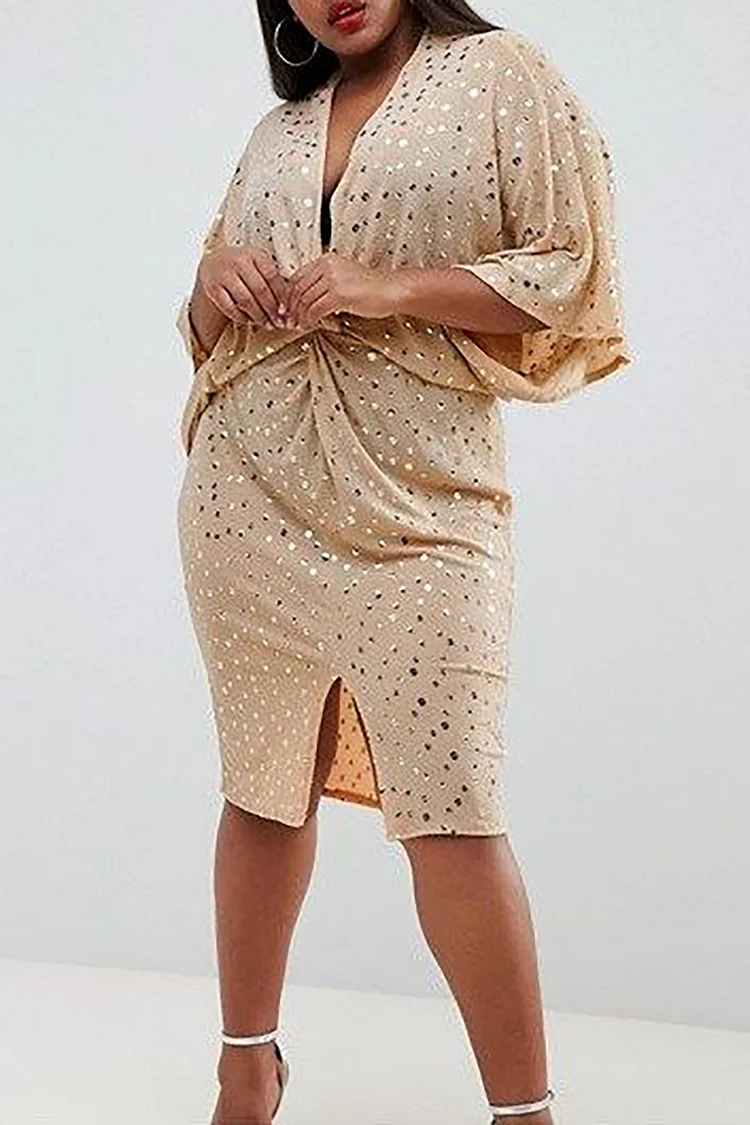 Plus Size Party Dress Khaki Sequin V Neck Batwing Sleeve Midi Dress [Pre-Order]