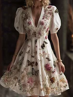 Bohemian Style Plant Flower And Butterfly Pattern Embroidery Women's Cotton And Linen Dress