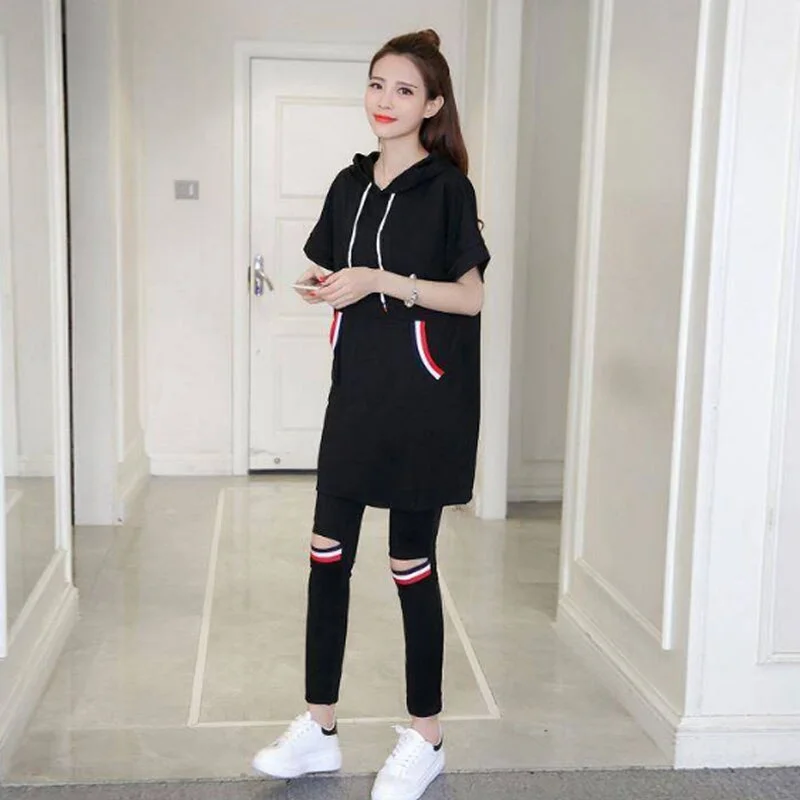 2019 Summer Plus Size Do Exercise Women Sets Black and White Color T Shirt and Pants Female Set