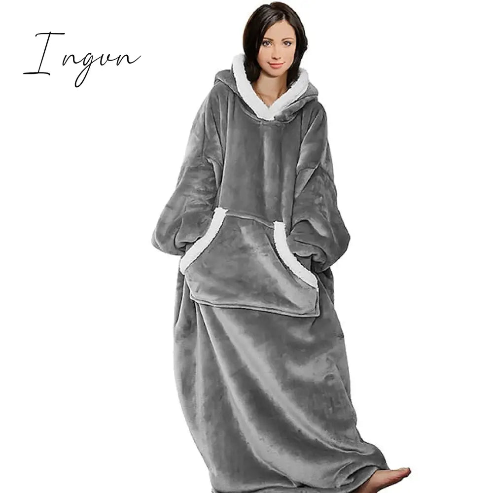 Ingvn - Women’s Pajamas Nightgown Wearable Blanket Hoodie Pure Color Warm Comfort Oversized Home