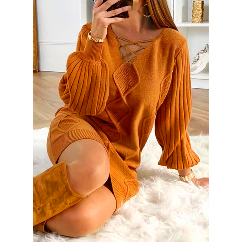 Solid V-Neck Cross Strap Puff Sleeve Knitted Dress