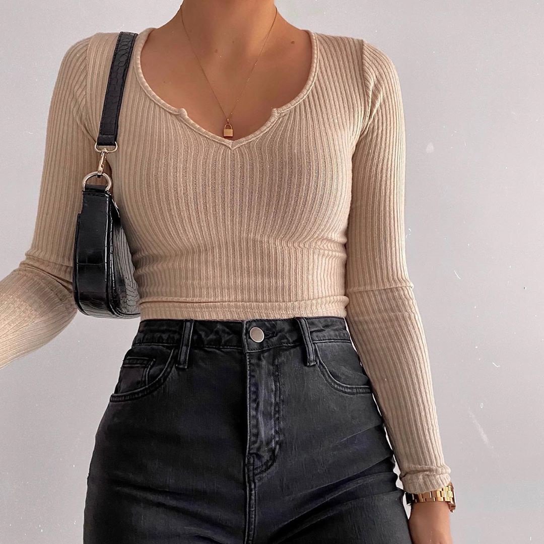 Basic Style Long Sleeve Crop Top