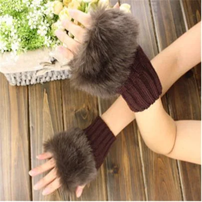 CUHAKCI Half Finger Woolen Winter Gloves Women Knitted Warm Mittens Long Imitation Rabbit Hair Lovely Fur Patchwork