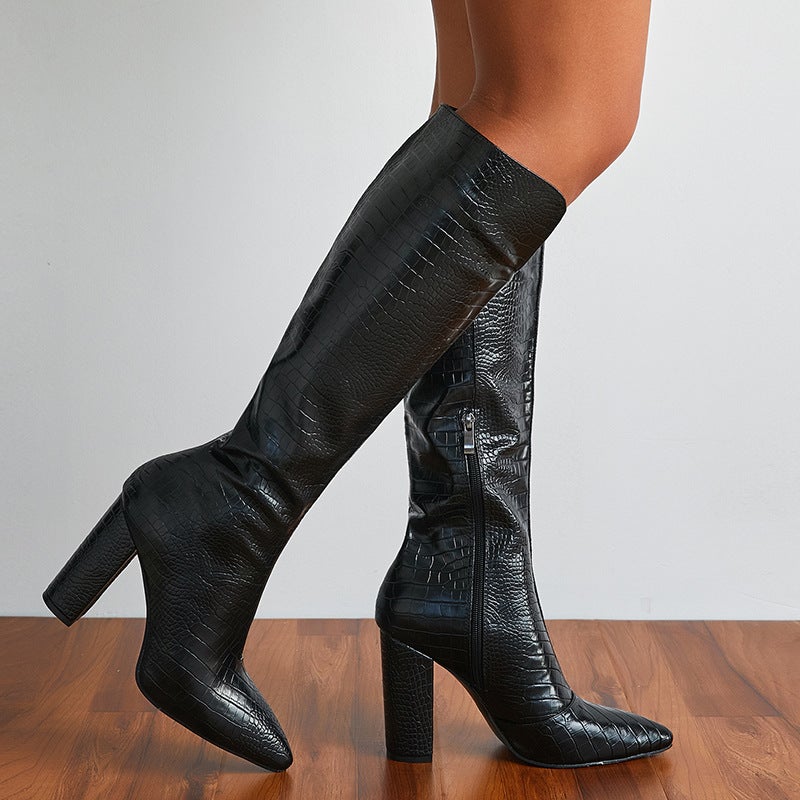 Women's crocodile pattern chunky high heel knee high boots pointed toe knee high boots