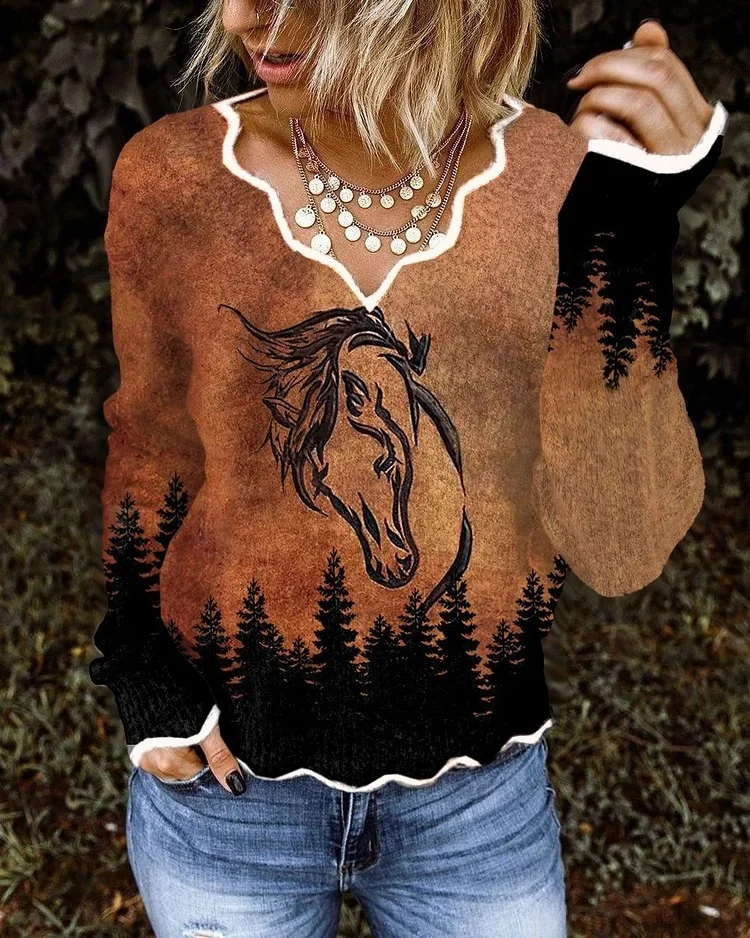 Vintage Western Horse Print Casual Cozy Sweater