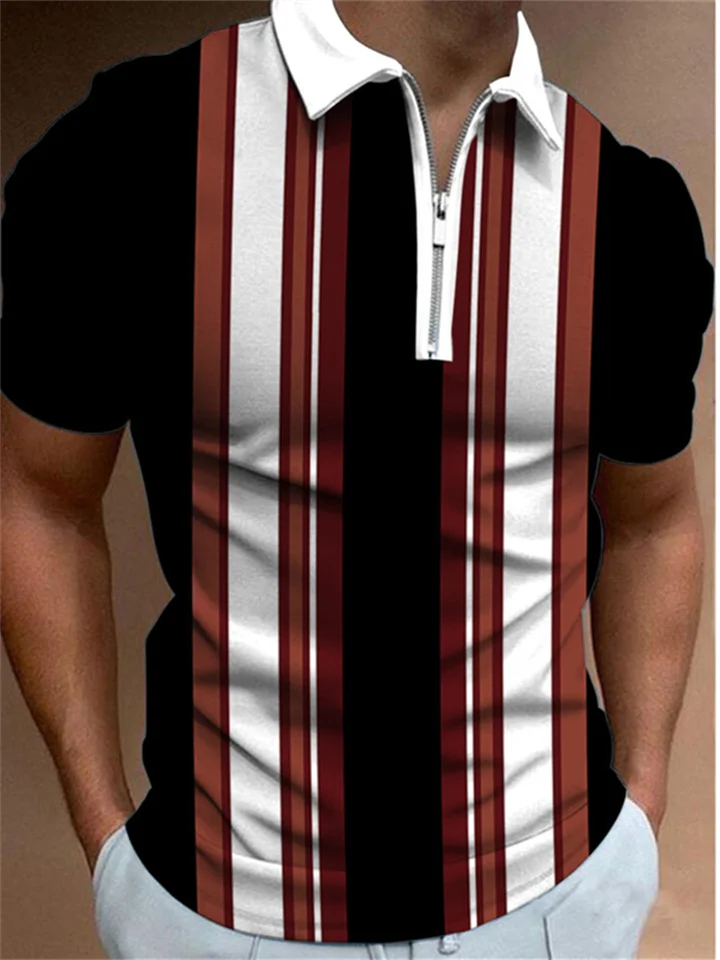 Men's Polo Shirt Striped Printed Short Sleeve Black-Cosfine