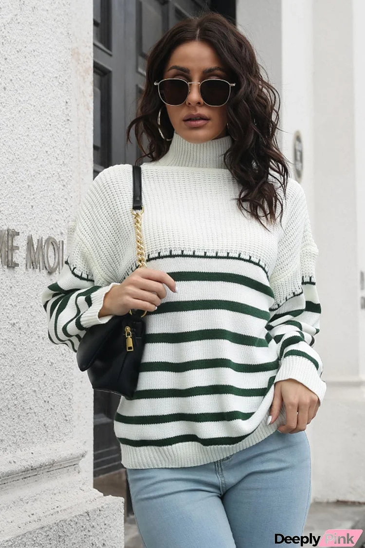 Striped Turtleneck Drop Shoulder Sweater