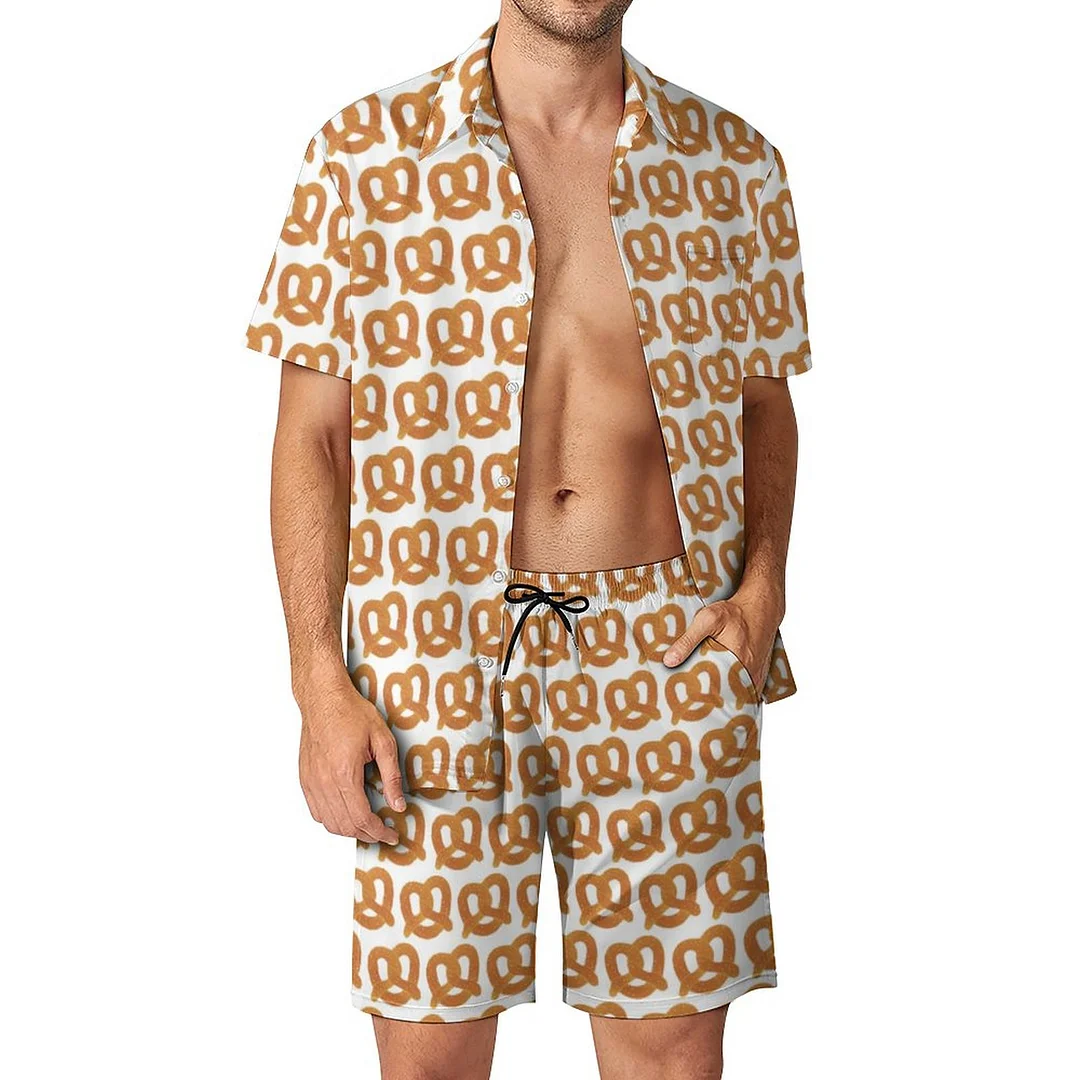 Salty Soft Pretzel Cute Men Hawaiian 2 Piece Outfit Vintage Button Down Beach Shirt Shorts Set Tracksuit with Pockets