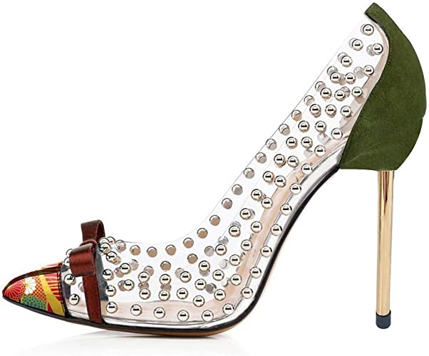 Women's Transparent PVC Splicing Studded Pumps Heels with Bowknot Nicepairs