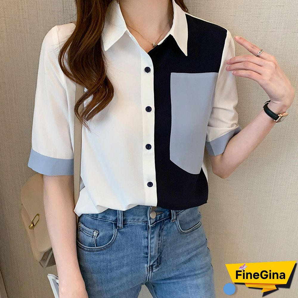 Vintage Pocket Colorblock Blouse Workwear