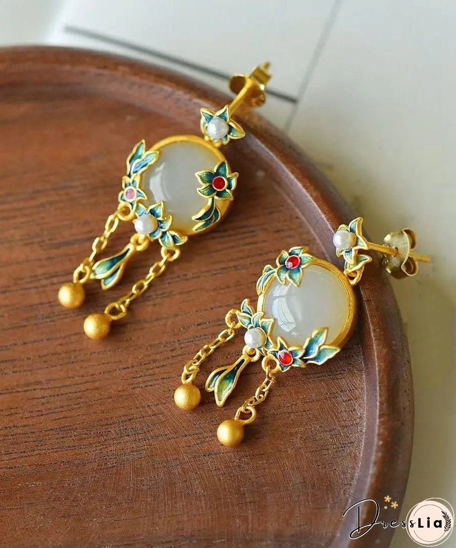 Modern Green Floral Sterling Silver Inlaid Hetian Jade Agate Pearl Drop Earrings