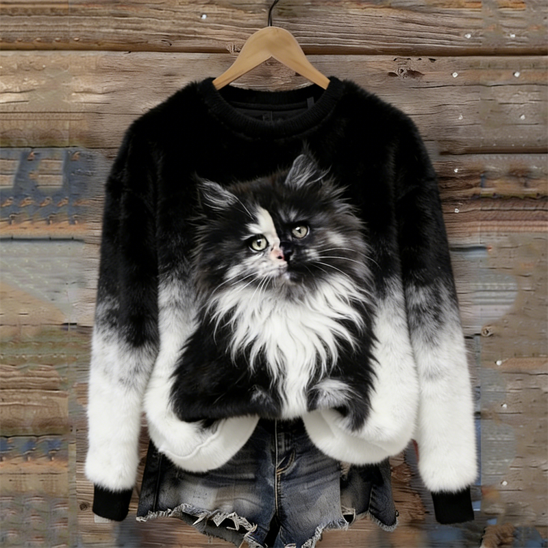 Unique Fuzzy Cat Contrast Gradient Cozy Plush Sweatshirt wearshes
