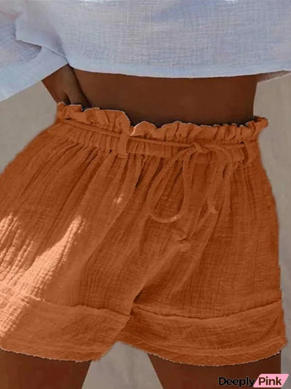 Shorts Solid Elastic Waist Cotton Linen Shorts for Women