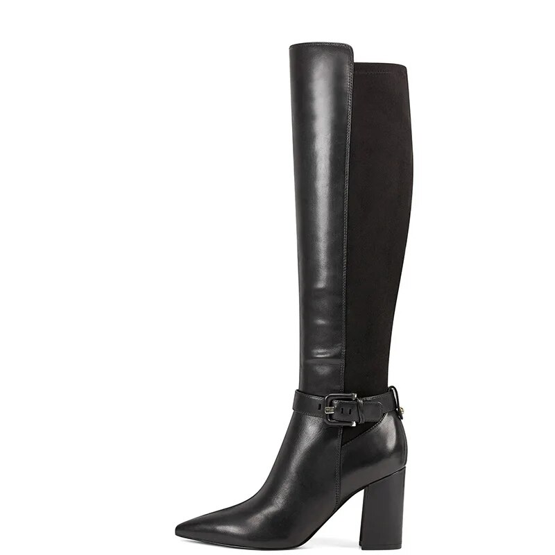 TAAFO Black Patchwork Knee-High Riding Boots Chunky Heels Women Pointed Toe  Ladies Shoes