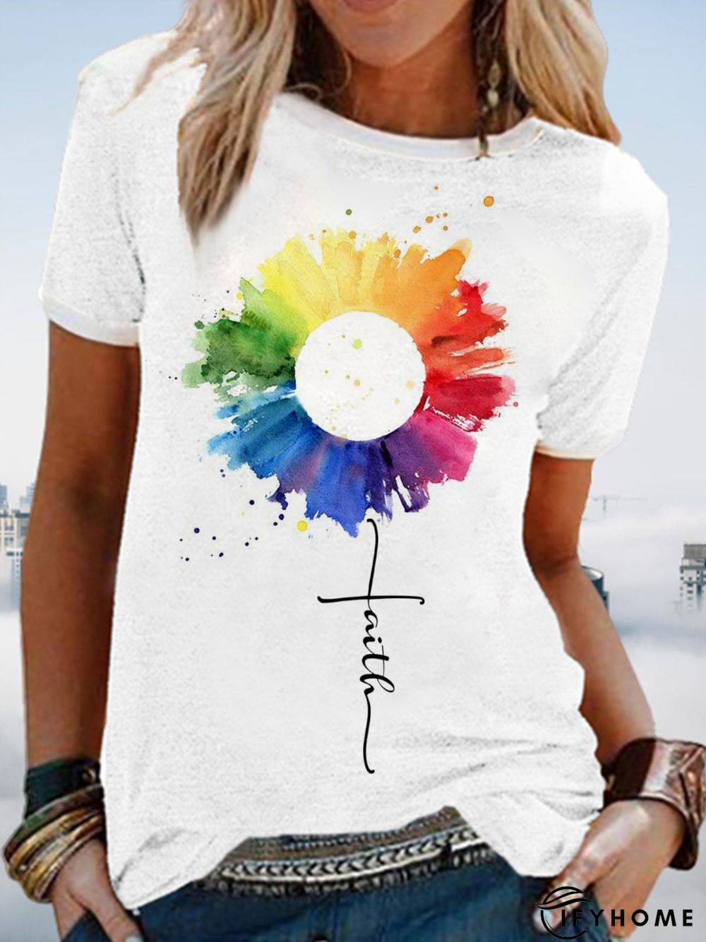 White Casual Cotton-Blend Short Sleeve T-shirt | IFYHOME