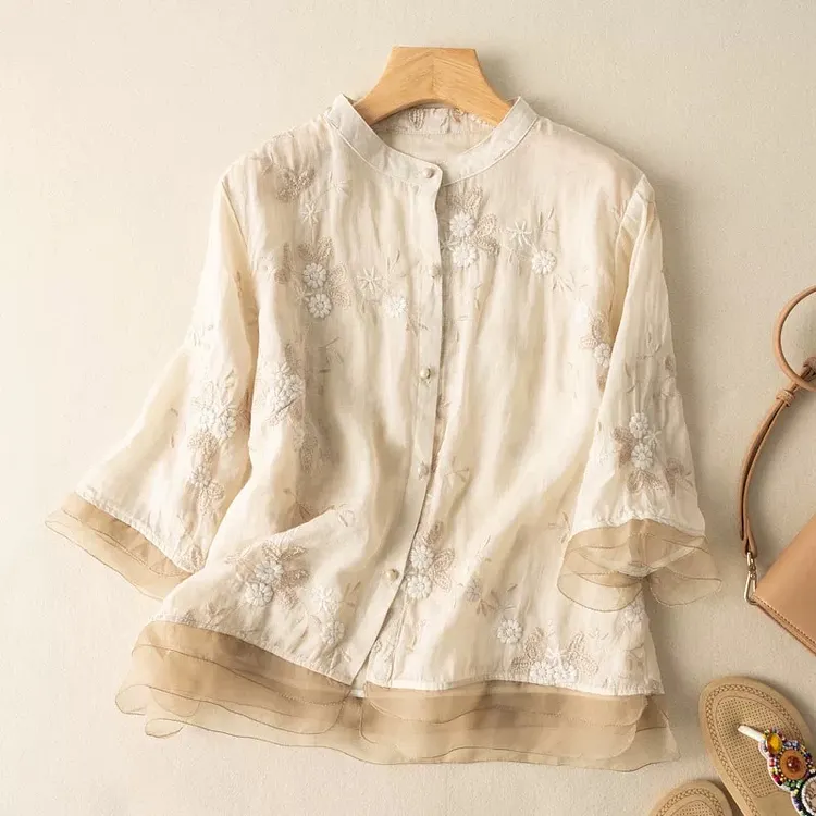Women's Floral Embroidered Art Linen Blend Blouse