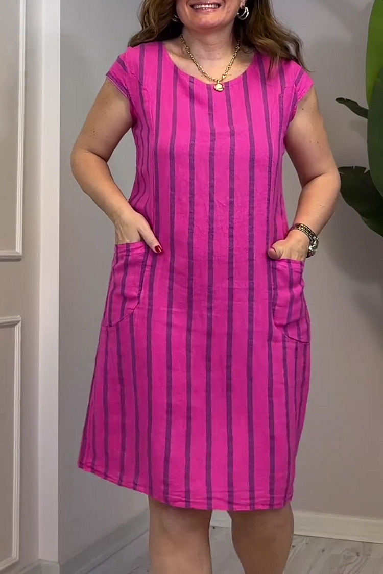 Round Neck Side Pocket Short Sleeve Striped Linen Midi Dresses [Pre Order]