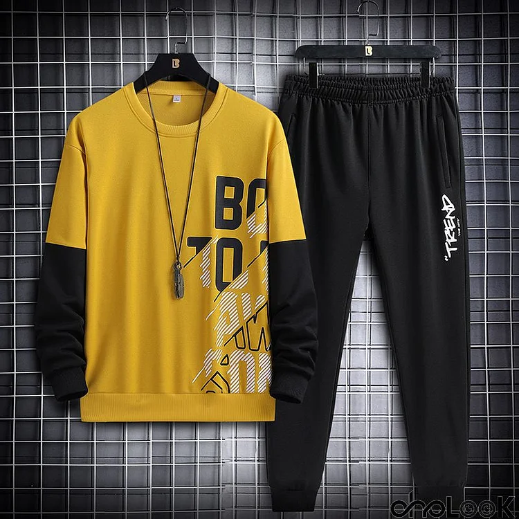 Men Plus Size Casual Long Sleeve Round Neck Letter Printed Sweatshirt And Jogger Pants Two-piece Set