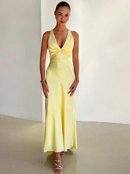 Joystickhouse stylish dresses women 2025 Satin Sexy Backless Ruched Women Maxi Dress Yellow Sleeveless High Waist Dress Summer Skinny Elegant Party Clubwear