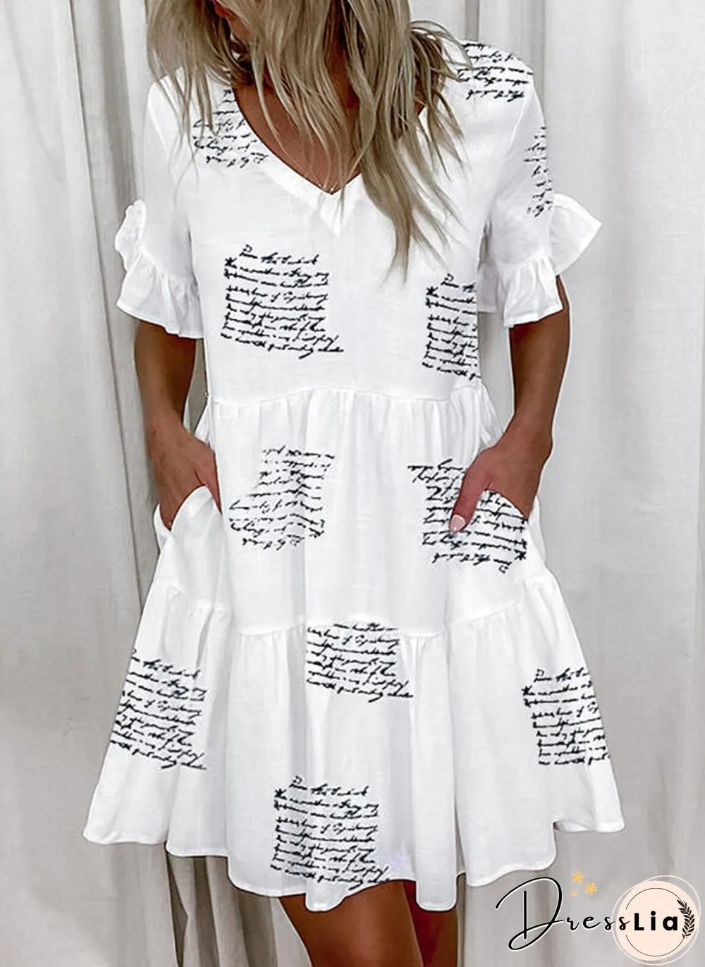Printed Ruffle Pocket Dress Women Casual Loose Shoprt Sleeve Boho Vestidos Mujer