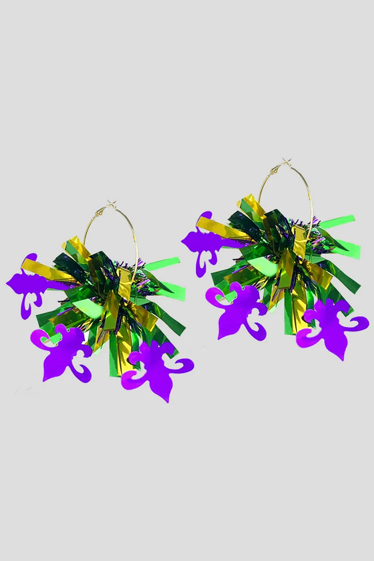 Mardi Gras Multicolor Foil Tassel Disco Sequin Fleur-De-Lis Mask Hoop Earrings 2024 - Xpluswear