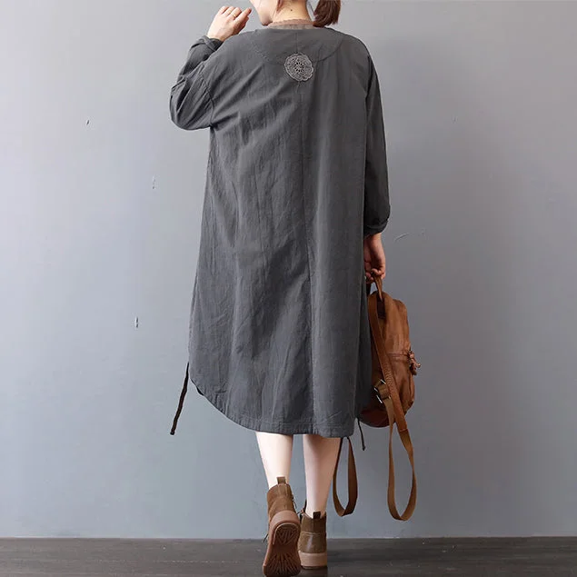 New gray cotton dress plus size stand collar cotton maxi dress Elegant long sleeve autumn shirt dress