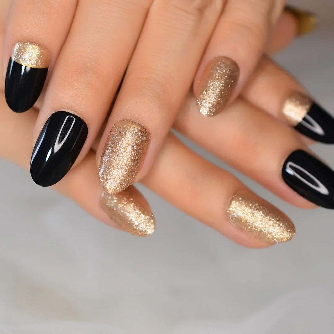 Short Oval Shape Black Acrylic Press On False Nails With Designs Champagne Glitter Fake Nails Set Gel Glossy Manicure Kit-Nail Inspo