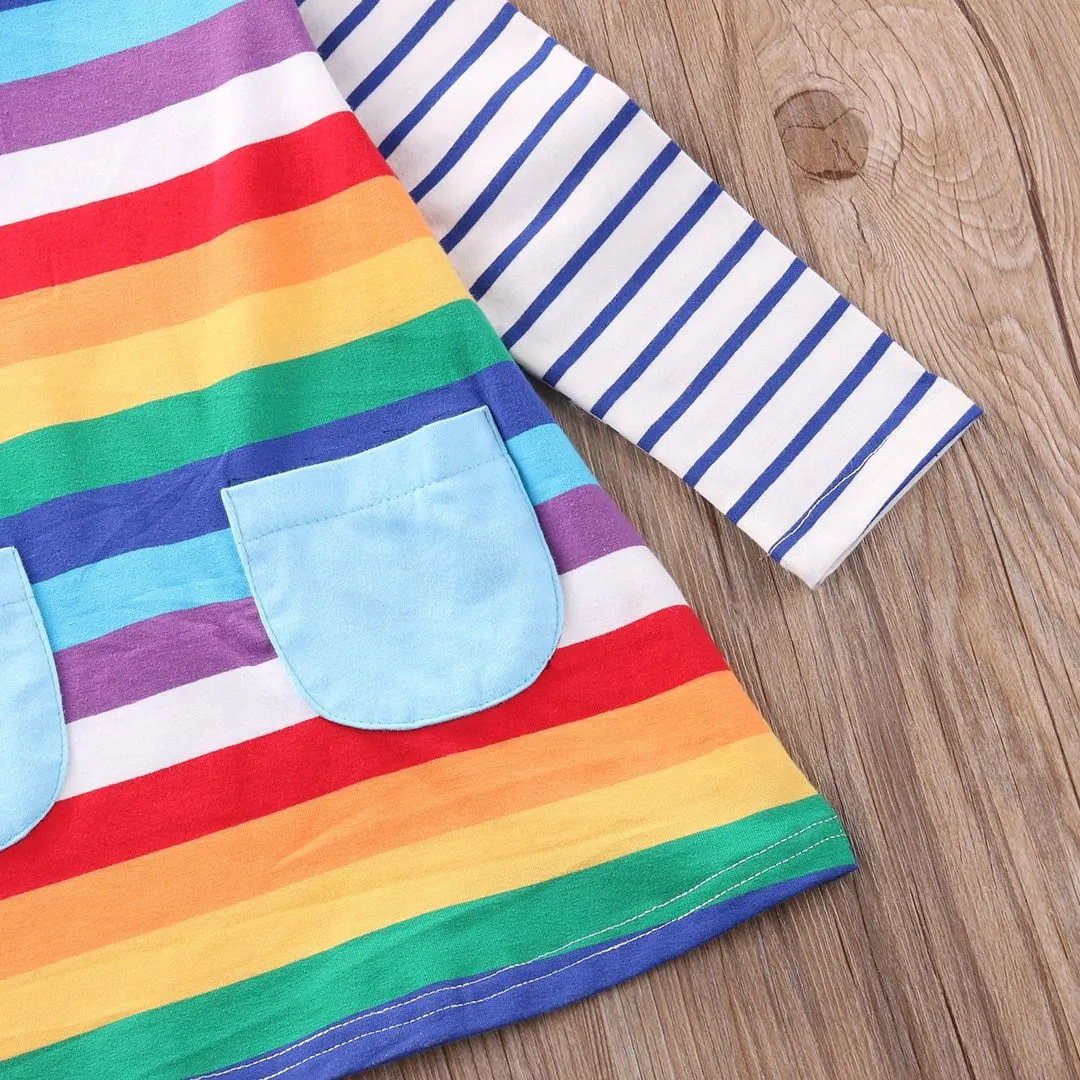 2018 Brand New 2-7Y Toddler Kids Baby Girls Dress Rainbow Striped Print Long Sleeve Pocket Knee-Length Colorful Causal Dress