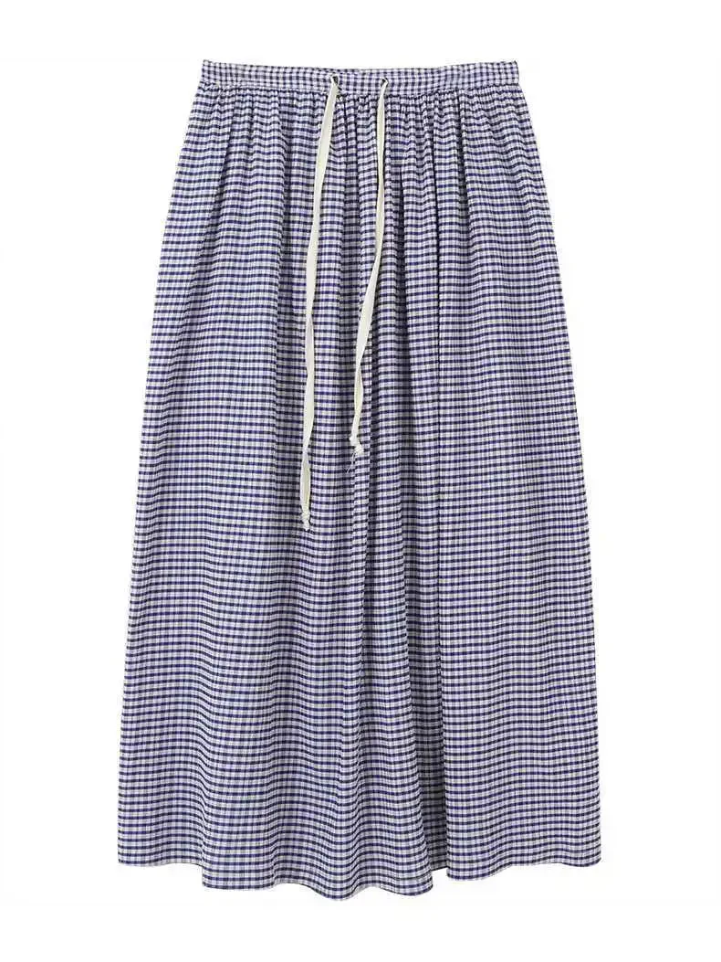 Huibahe Korean Style Plaid Skirt Long Women Blue High Waist A-line Folds Lace-up Casual Fashion Maxi Skirt Summer Beach Girl