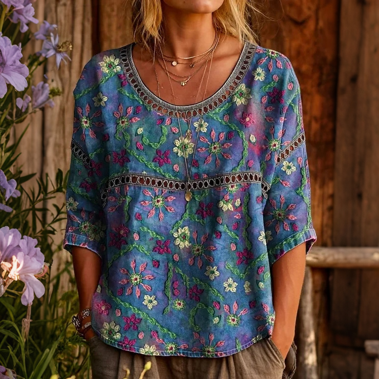 Comstylish Women's Floral Art Print Linen Blend Casual T-shirt