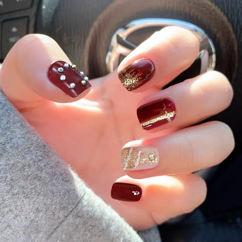 24pcs/Set Gorgeous Wine Red False Nails With Glue Middle Long Round Head Full Nail Tips Finished Fake Nail artificial nails-Nail Inspo