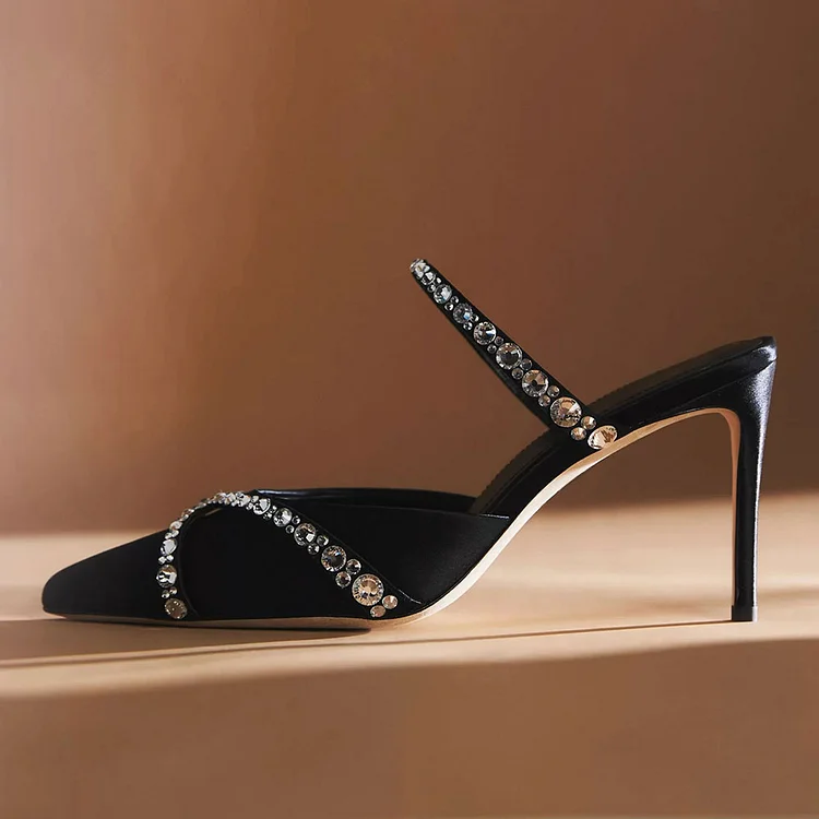 Black Satin Pointed Toe Rhinestone Embellished Straps Mules for Women |FSJ Shoes