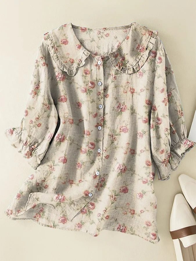Vintage Floral Loose Cotton and Linen Peter Pan Ruffle Collar Shirt
