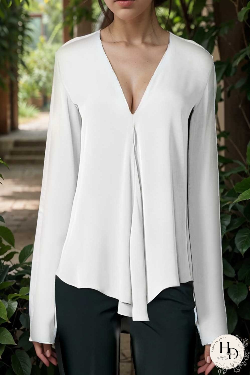v neck long sleeved chiffon solid blouse drop shoulder closed shirt