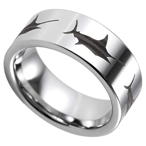 Women's Or Men's Fisherman's Ring / Fishing Wedding Band Rings,Silver Tungsten Carbide Band with Etched Sword Fish Design Ring With Mens And Womens For Width 4MM 6MM 8MM 10MM