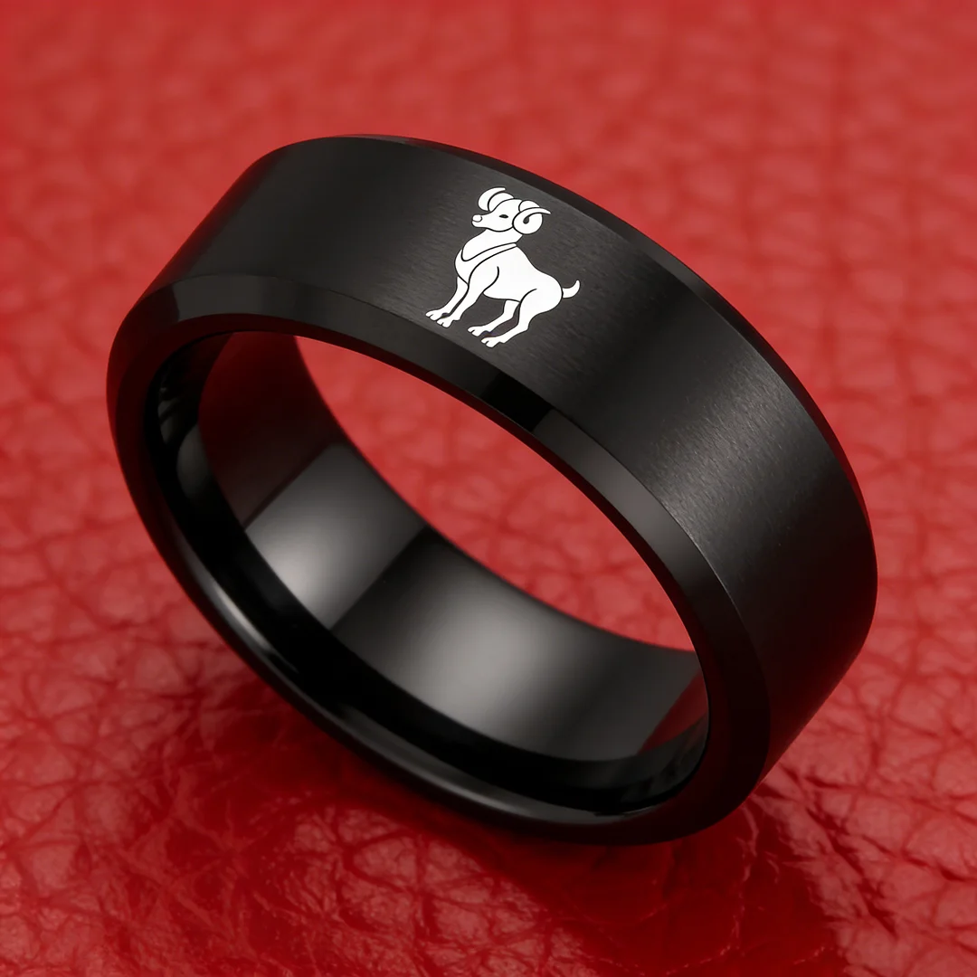 Beveled Edges Laser Etched Tungsten Carbide Rings Black Aries Couple Wedding Bands 4MM 6MM 8MM