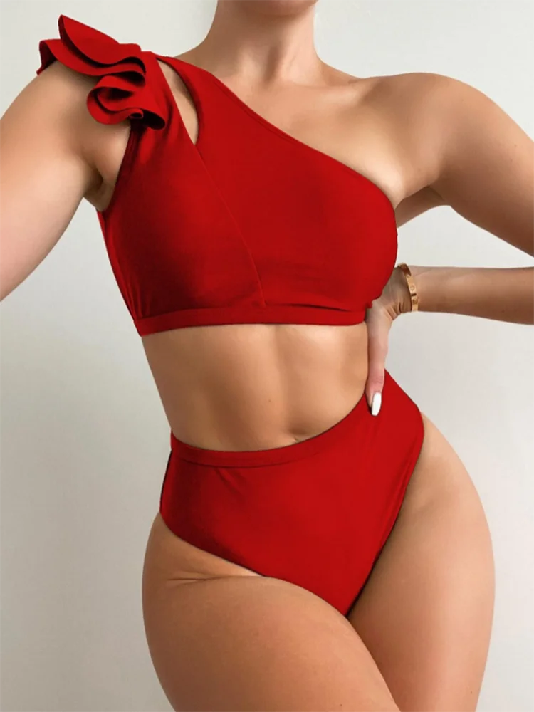 INGAGA Sexy Bikini One Shoulder Women's Swimsuit Ruffle Swimwear Women 2022 New Biquini Set Cut Out Bathing Suit Solid Beachwear