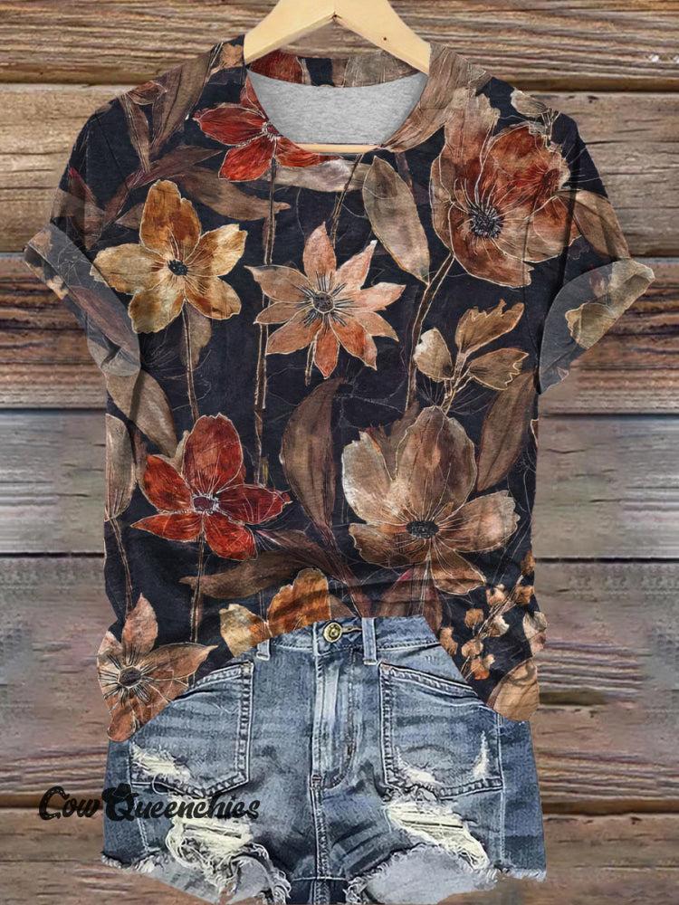 Brown Classic Floral Printed Casual T-shirt Brown / S