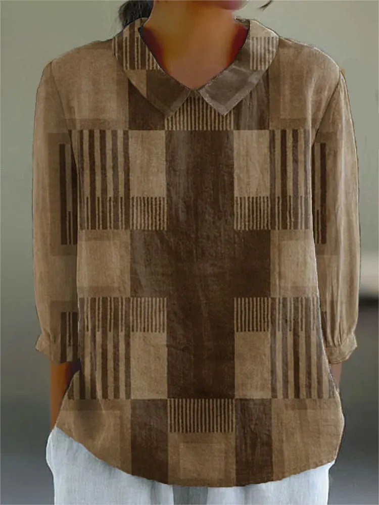 Women's Vintage Abstract Geometric Art Print Casual Cotton And Linen 3/4 Sleeve Shirt