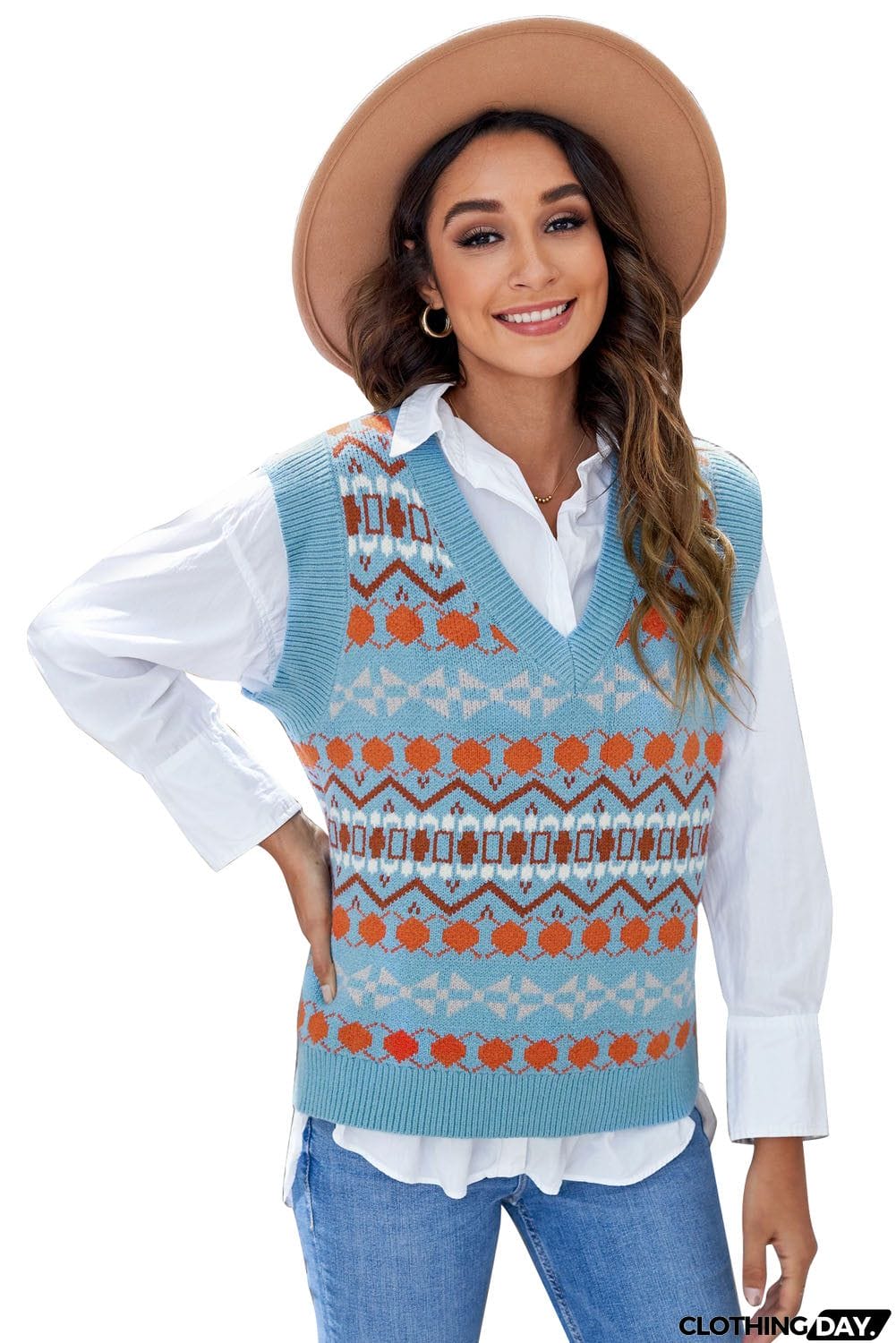 Women's Sky Blue Tribal Print V Neck Knitted Sweater Vest