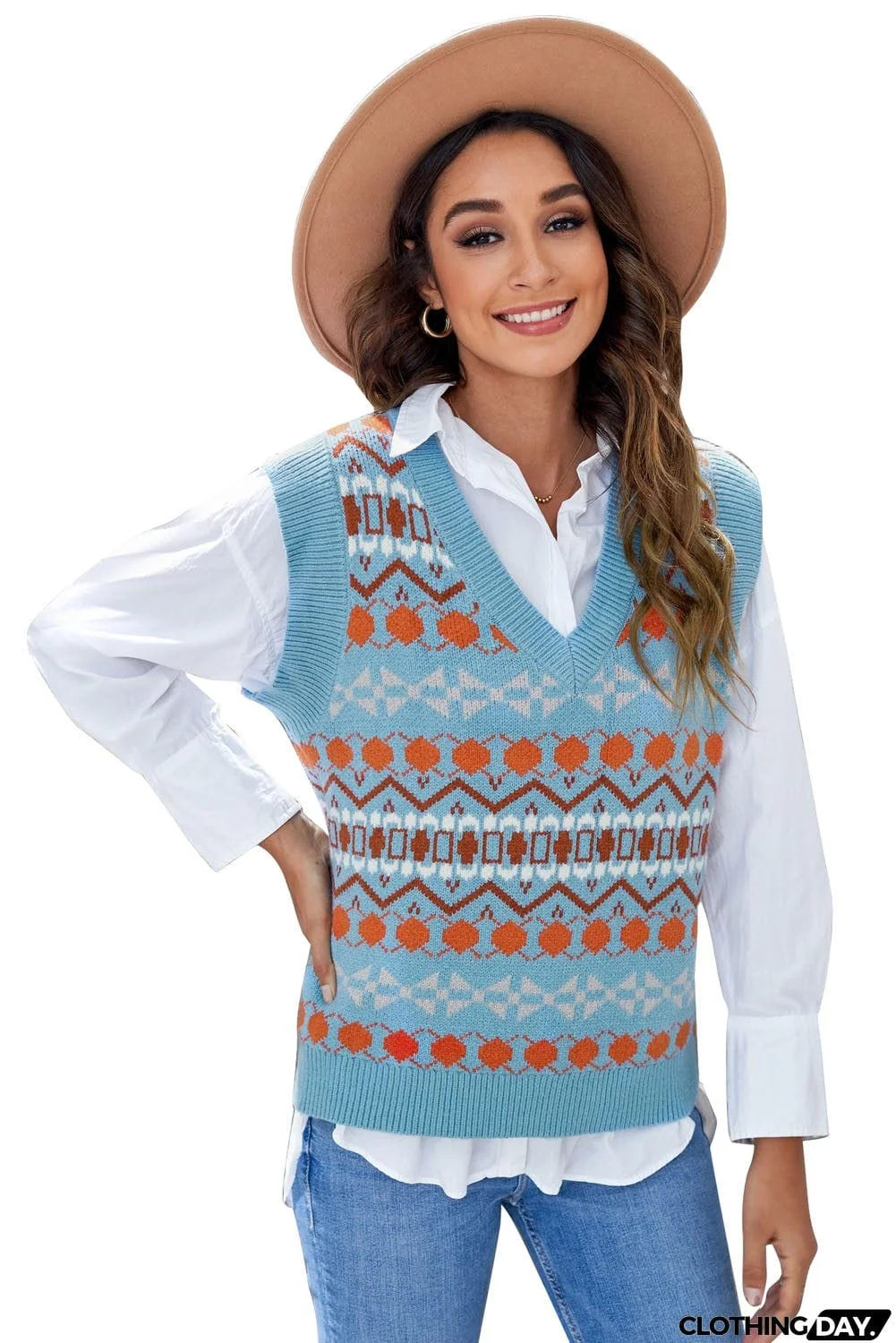Women's Sky Blue Tribal Print V Neck Knitted Sweater Vest
