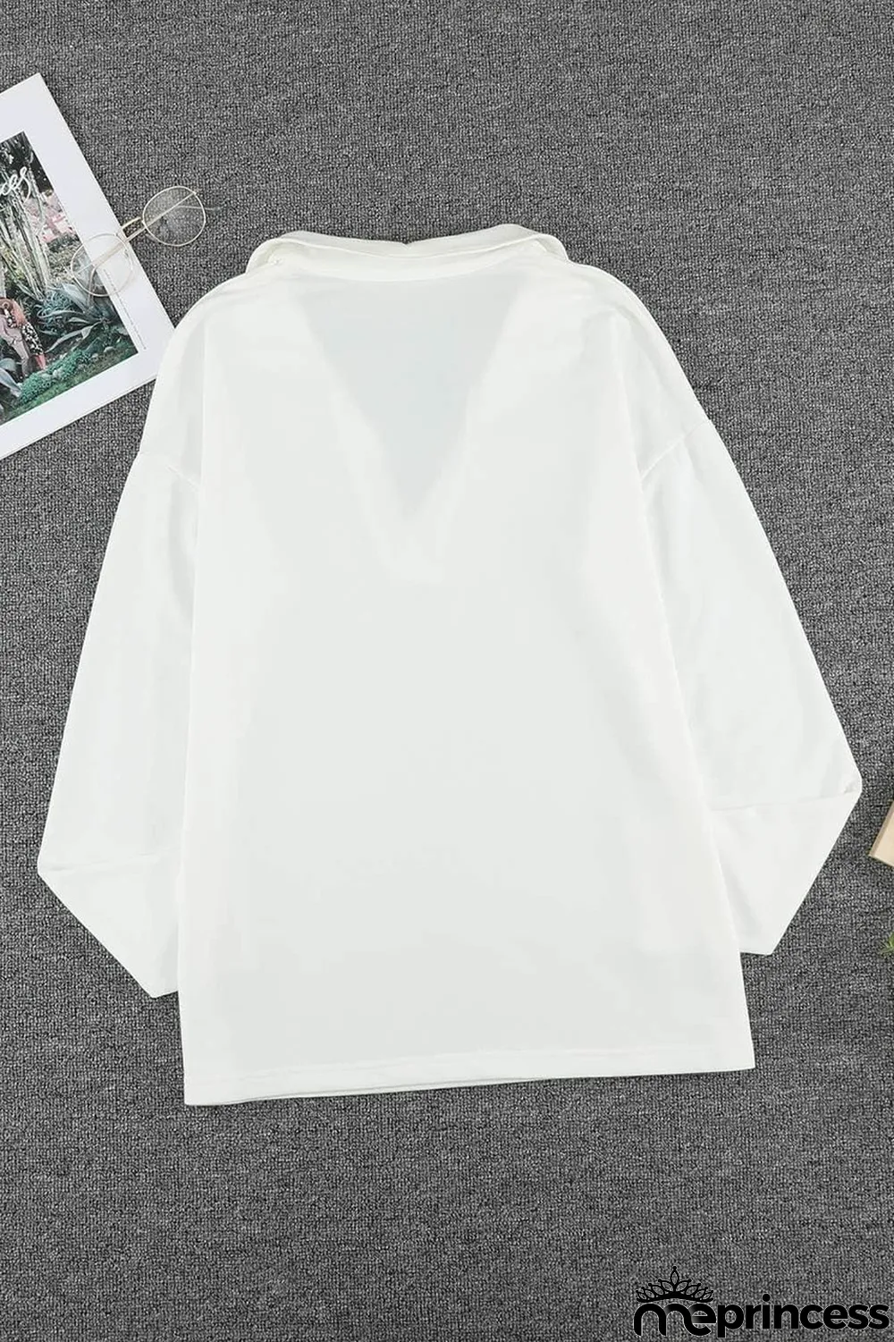 White Turn-down V Neck Long Sleeve Top