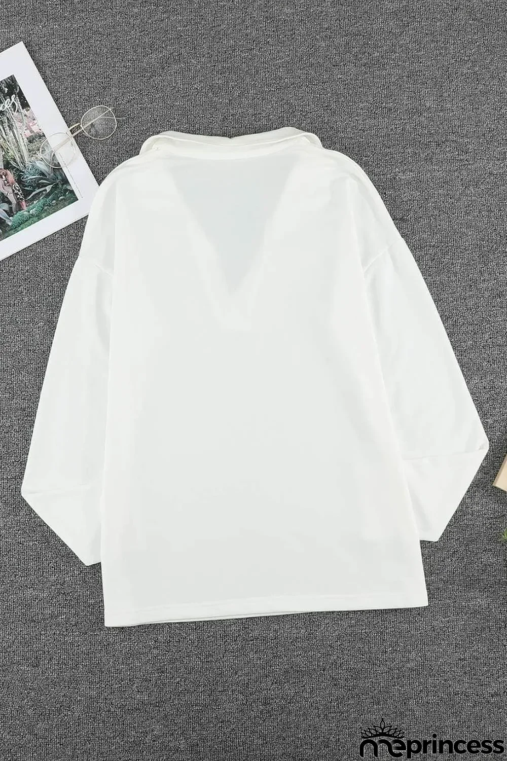 White Turn-down V Neck Long Sleeve Top