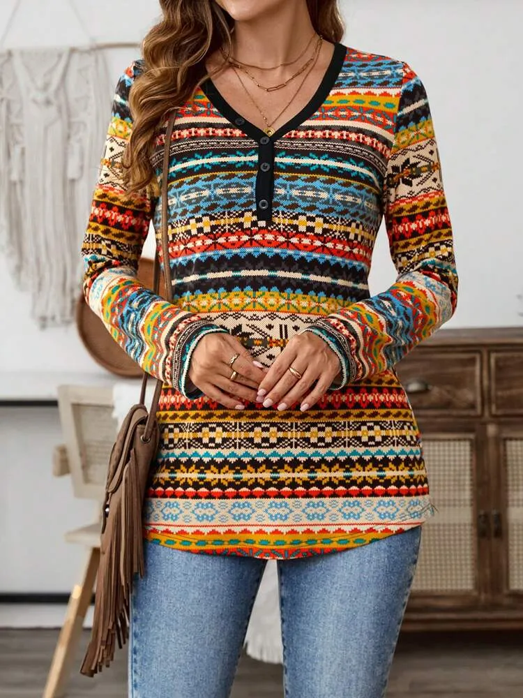 Women's Spring Summer V-Neck Long Sleeve Casual Geometric Print T-Shirt