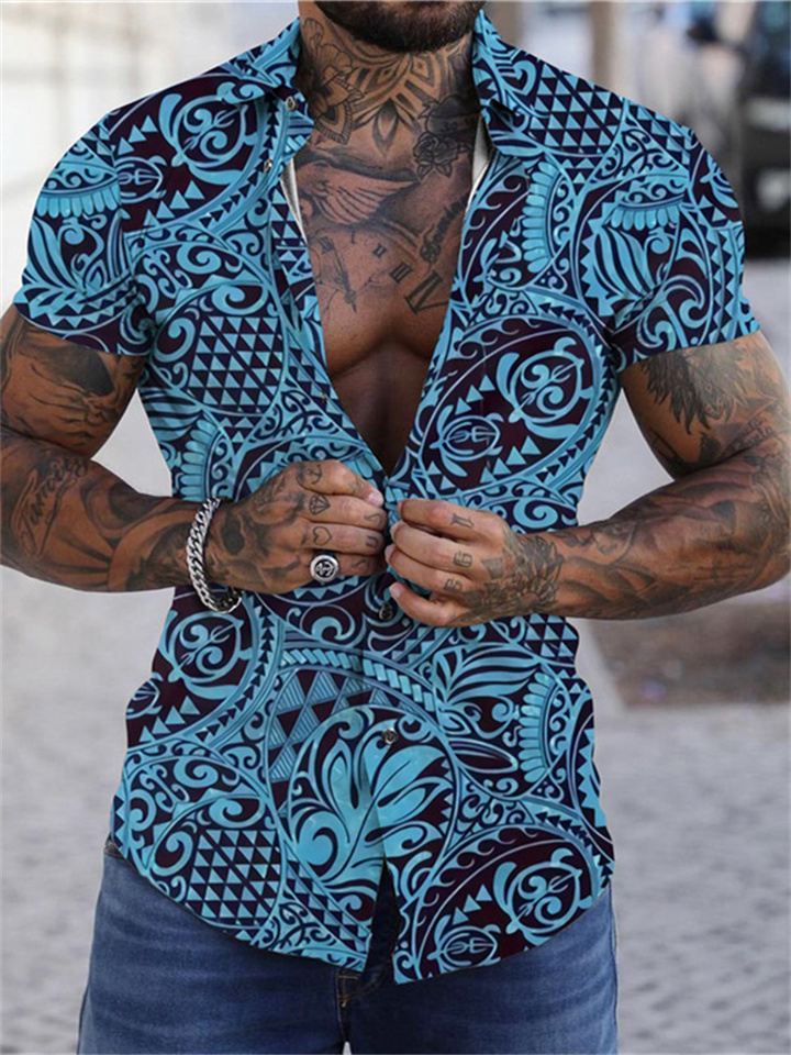 Men's Beach Shirt 3D Digital Short Sleeve Shirt Seaside Hawaii Loose Men's Shirt Blue Yellow Purple Green