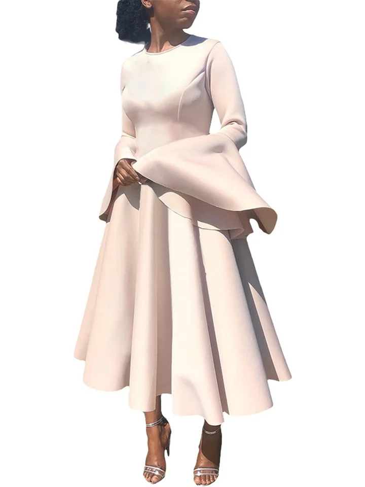 Casual Women's Pullover Round Neck Long Sleeve High Waist Long Solid Color Flare Sleeve Oversized Swing Dresses