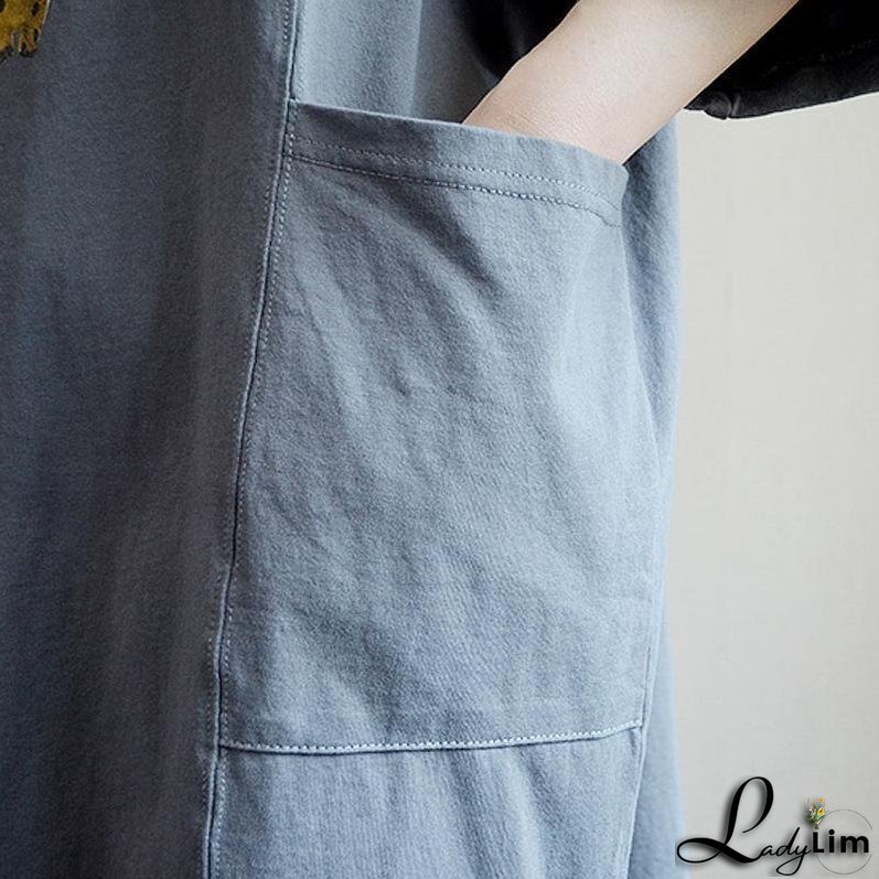 Fashion Round Neck Casual Printed Cotton Dress